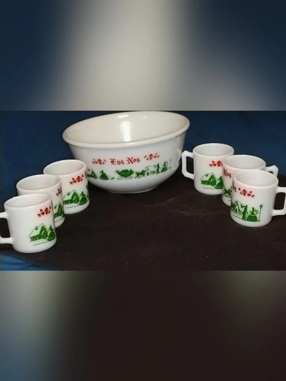 Vintage Hazel-Atlas Milk Glass Egg Nog Set & Punch Bowl 6 Mugs Christmas Village
